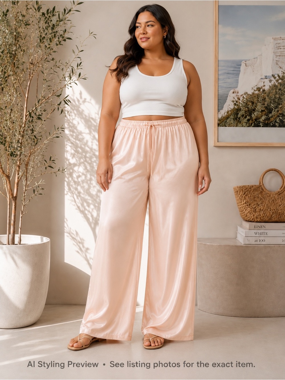 Frank Usher Peach Satin Wide Leg Pull-On Pants Resort Lounge US 16